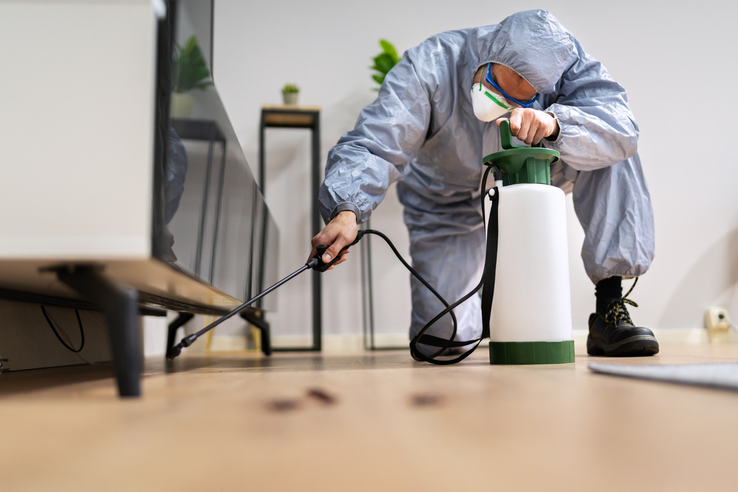 Pest Control Professional spraying pesticide in a house infested with termites